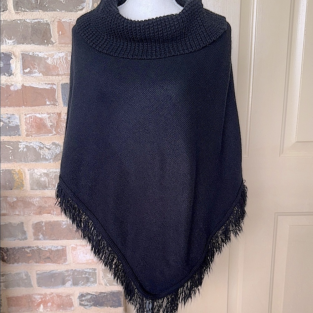 A.L.C. Black Statement Fringed Sweater Knit Funnel Turtleneck Poncho Cape OS